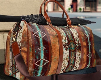 Western Cowhide Print Travel Bag | faux cow print duffle bag | southwestern Weekender bag | girls overnight tote | cowgirl gifts | luggage