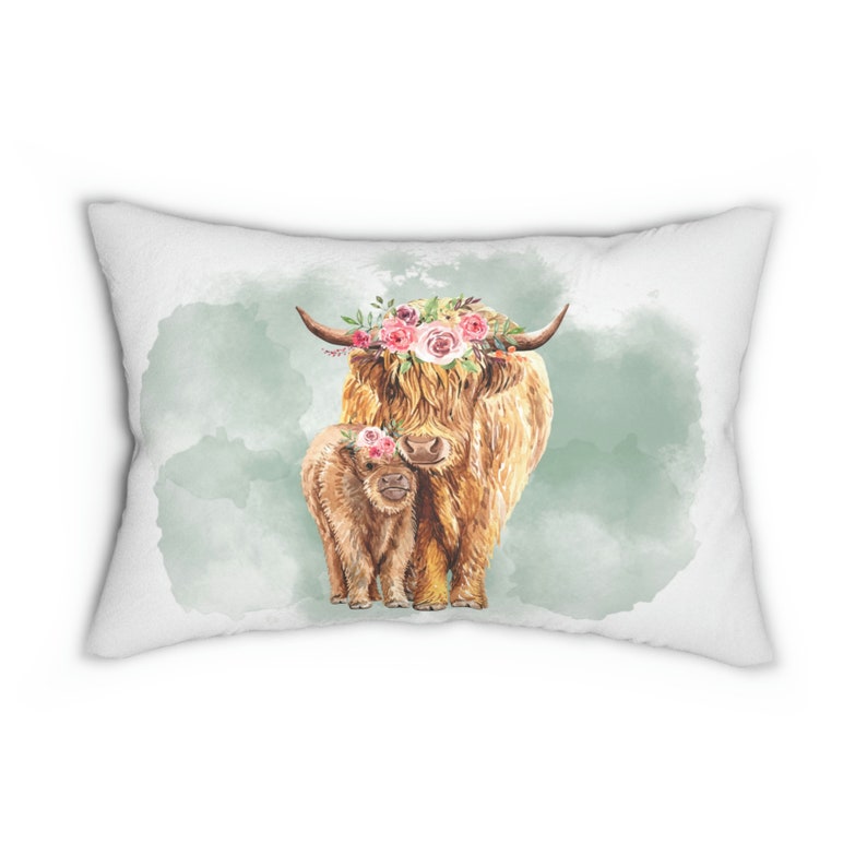 Cow print throw pillow, western highland cow pillow, baby calf & cow pillow, farmhouse home decor, nursery decor, decorative accent pillow image 4