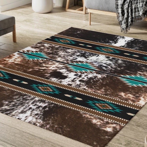 Western Cowhide Print Area Rug | faux cow hide accent rug | southwestern boho tribal rug | western home decor | cowhide room decor