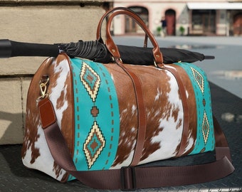 Cowhide Print Travel Bag | faux cowhide duffel bag | boho western leather shoulder bag | southwestern overnight bag | girls weekender bag