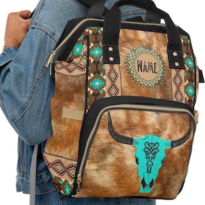 Personalized Western Cowhide Print Diaper Backpack | monogrammed southwestern baby bag | custom longhorn backpack | new mom gifts