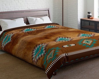 Western Cowhide Print Comforter | southwestern bedspread | Navajo tribal style comforter | western bedroom decor | faux cowhide bedding