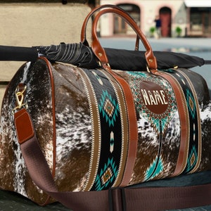 Personalized Western Cowgirl Travel Bag | cowhide print duffel bag | boho cowboy tote | weekender bag | girls overnight bag | shoulder bag