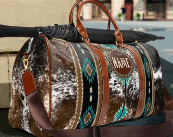 Personalized Western Cowgirl Travel Bag | cowhide print duffel bag | boho cowboy tote | weekender bag | girls overnight bag | shoulder bag