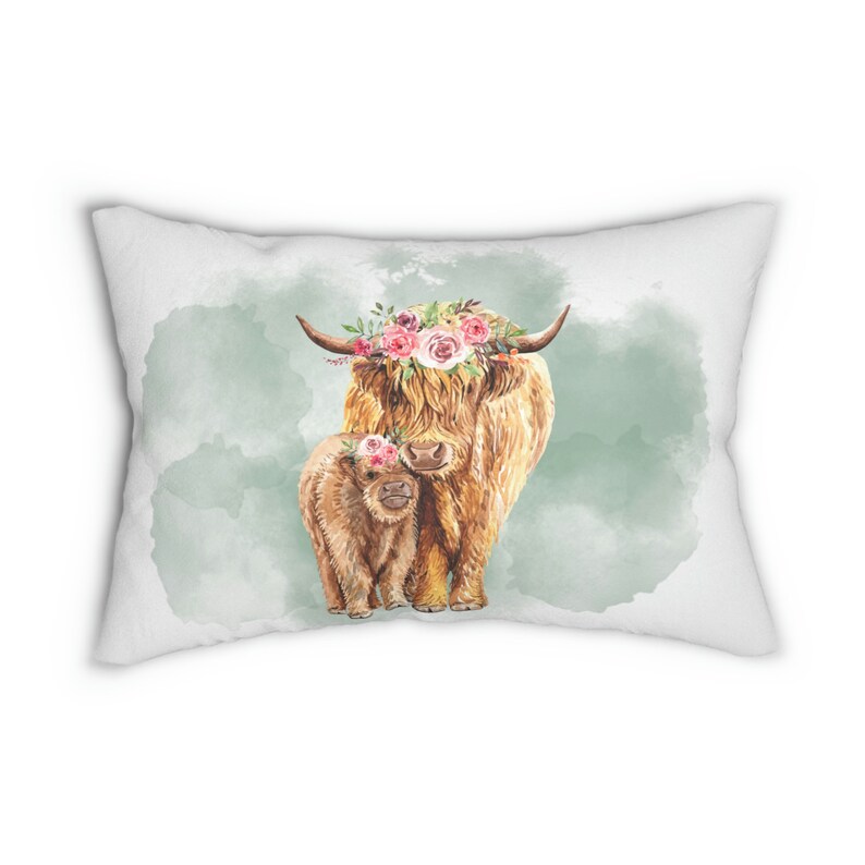 Cow print throw pillow, western highland cow pillow, baby calf & cow pillow, farmhouse home decor, nursery decor, decorative accent pillow image 2