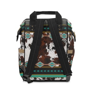 Monogrammed Cowhide Print Diaper Backpack , personalized western baby bag , Texas mom longhorn bag , southwestern cowhide backpack image 4