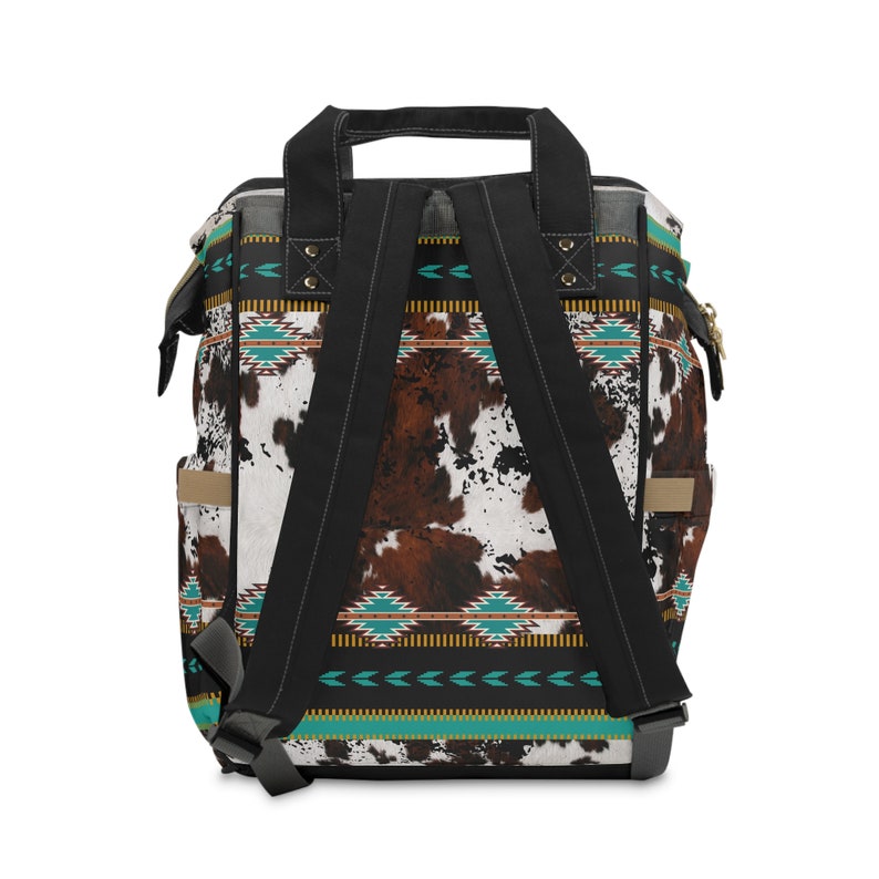 Monogrammed Cowhide Print Diaper Backpack , personalized western baby bag , Texas mom longhorn bag , southwestern cowhide backpack image 4