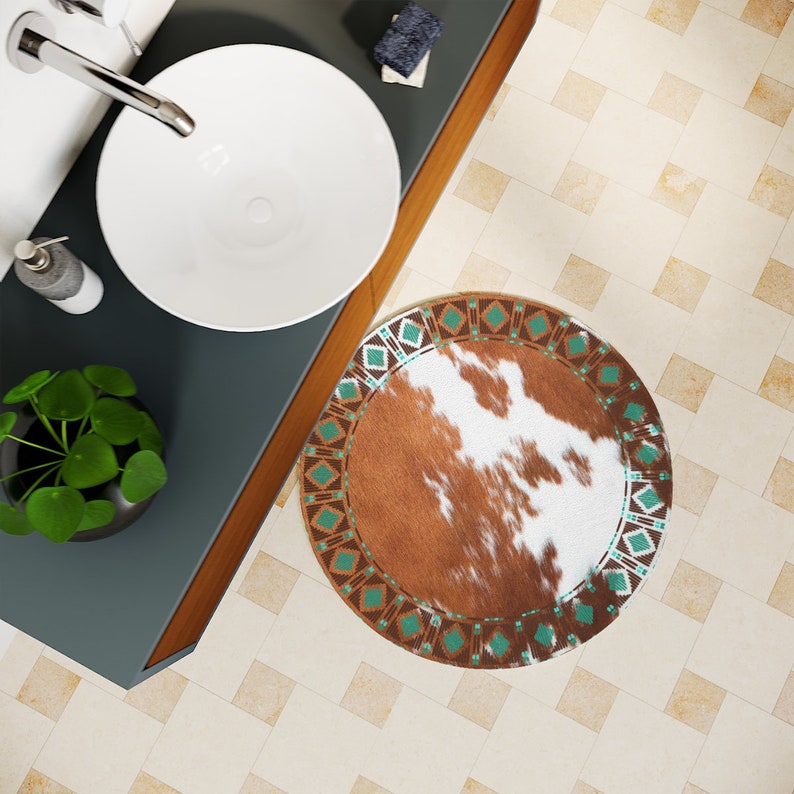 Cowhide Print Round Bath Mat Cow Hide Print Bath Rug Etsy