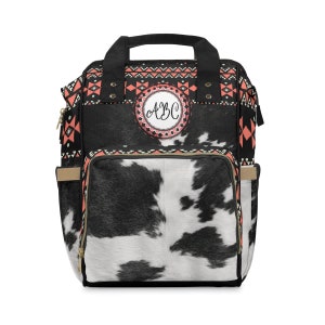 Personalized Faux Cowhide Backpack | boho western baby bag | monogrammed diaper bag | cow hide print back pack | customized backpack image 2