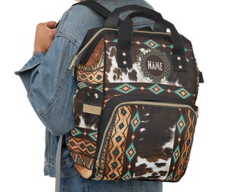 Monogrammed Cowhide Print Multifunctional Diaper Backpack