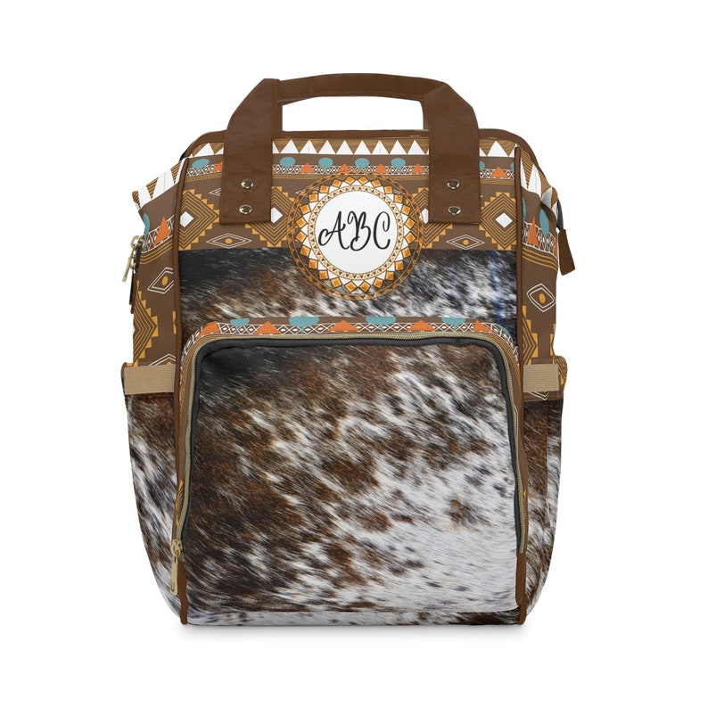 Personalized Faux Cowhide Backpack | boho western backpack | monogrammed diaper bag | cow hide print baby bag | personalized backpack image 3