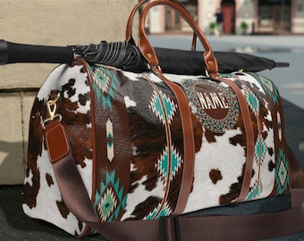 Personalized Cowhide Print Western lugagge bag, southwestern duffel bag, monogrammed weekender travel bag, cowgirl overnight shoulder bag