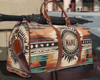 Western Style Personalized Travel Bag, monogrammed boho southwestern duffel bag, cowgirl luggage, tribal Indian weekender bag, cowboy style