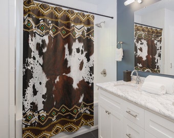 Cowhide Print Shower Curtain , faux cowhide bath curtain , western bathroom decor , boho southwestern shower liner , cowboy theme bathroom