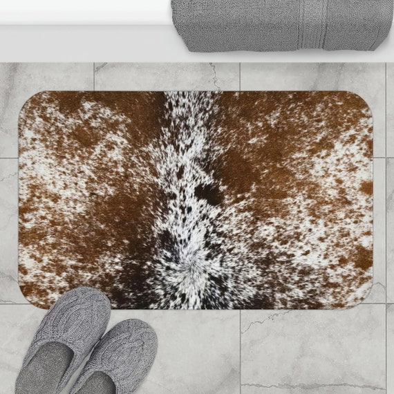 Western Cowhide Print Bath Mat , faux cowhide bathmat , cow bathroom rug , cowboy bathroom decor , ranch style bathroom rug , memory foam