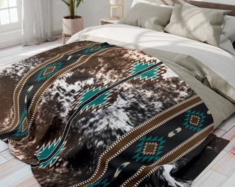 Fleecefilt med västerländskt kohudtryck, boho sydvästlig tribal indisk pläd, filt i konstläder, heminredning i ranchstil, bondgårdsstil