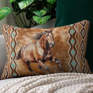 Western Style Horse Lumbar Pillow , cowhide print throw pillow , southwestern ranch style accent pillow , farmhouse home decor