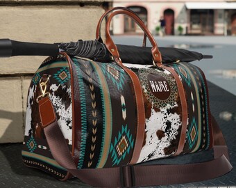 Western Cowhide Print Personalized Travel Bag , monogrammed faux cowhide duffel bag , southwestern Weekender bag , Cowgirl  shoulder bag