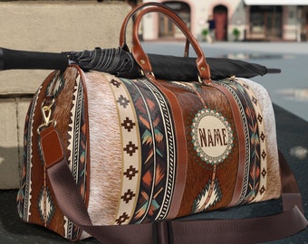 Western Cowhide Print personalized Travel Bag, monogrammed boho southwestern duffle bag, tribal Indian weekender bag, cowgirl luggage tote