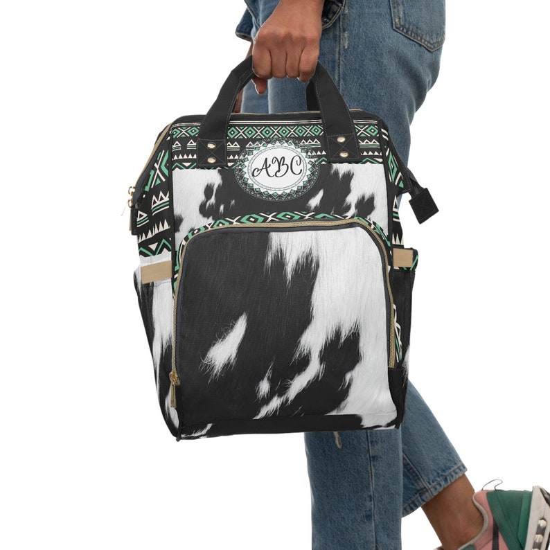 Personalized Cowhide Print Backpack, monogrammed boho western backpack, cowgirl diaper bag, southwestern travel bag, customized backpack image 3