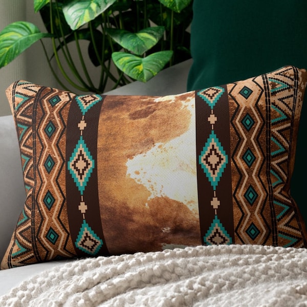 Cowhide Print Western Lumbar Pillow, faux cowhide throw pillow, southwestern accent pillow, tribal Indian pillow, western home decor