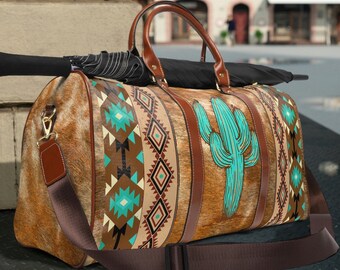 Western cowhide print travel bag | southwestern cactus duffel bag | girls weekender bag | boho tribal luggage | overnight bag | shoulder bag