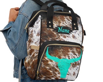 Personalized Cowhide Print Diaper Backpack | custom cow print baby bag | western longhorn travel bag | monogrammed backpack | cowgirl bag