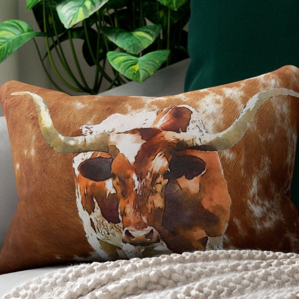 Cowhide Print Longhorn Lumbar Pillow , western cowhide print throw pillow , southwestern pillow , western home decor , farmhouse pillows