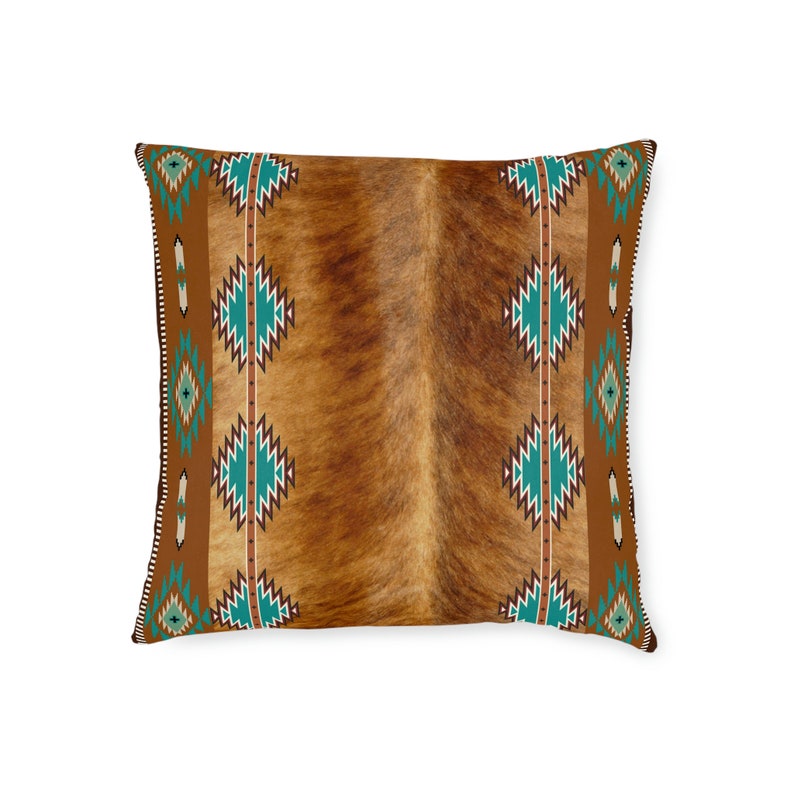 Western faux cowhide Square Pillow, cow hide print throw pillow, southwestern accent pillow, Navajo tribal pillow, western home decor, boho 12" × 12"