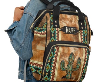 Zaino per pannolini personalizzato con stampa in pelle di mucca western, zaino boho con cactus del sud-ovest, borsa per neonati personalizzata, borsa per pannolini con monogramma