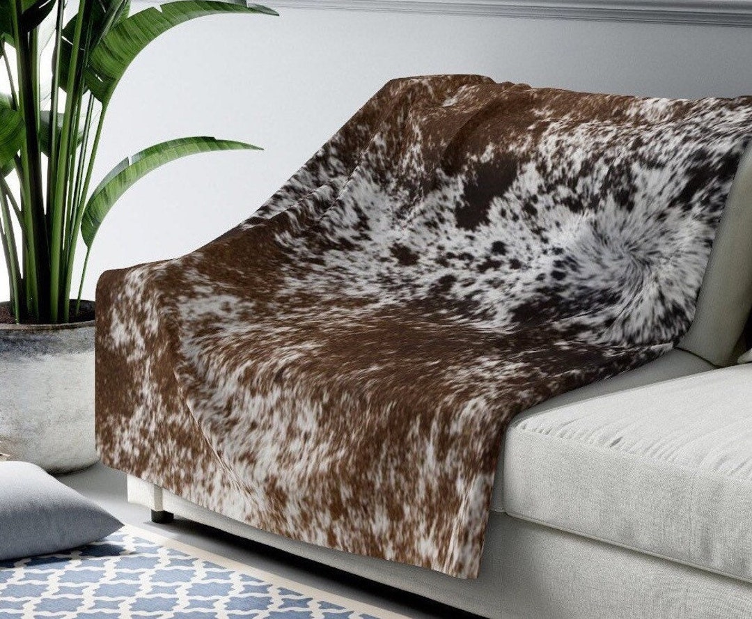 Cowhide Print Sherpa Fleece Blanket | Faux Cow Hide Throw Blanket