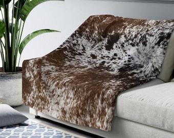 Cowhide Print Sherpa Fleece Blanket | faux cow hide throw blanket | western home decor | cowhide decor | Cowgirl present  | decorative throw