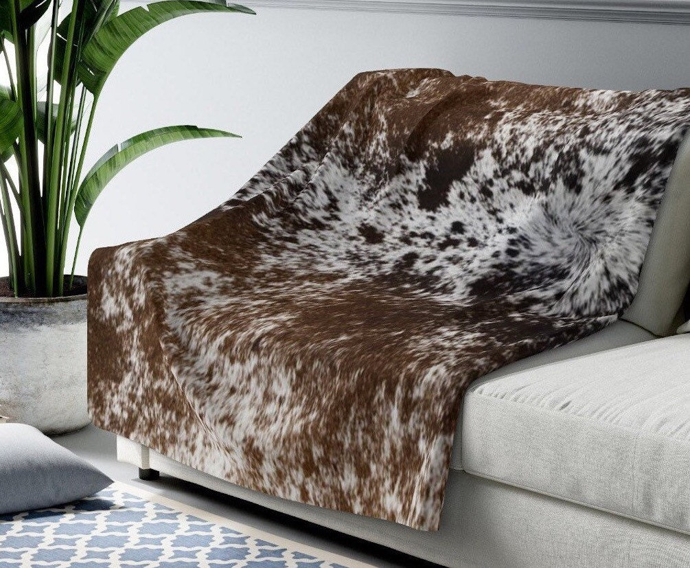 Cowhide Print Sherpa Fleece Blanket | Faux Cow Hide Throw Blanket