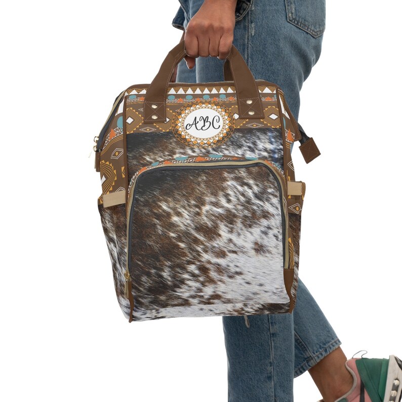Personalized Faux Cowhide Backpack | boho western backpack | monogrammed diaper bag | cow hide print baby bag | personalized backpack image 2