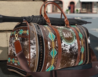 Western Cowhide Print Personalized Travel Duffel Bag , monogrammed southwestern weekender bag , custom cowgirl luggage tote , overnight bag