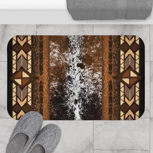 Cowhide print Bath Mat , western style bath rug , southwestern bathroom rug , farmhouse bath decor , boho tribal bath mat , memory foam mat