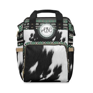 Personalized Cowhide Print Backpack, monogrammed boho western backpack, cowgirl diaper bag, southwestern travel bag, customized backpack image 2