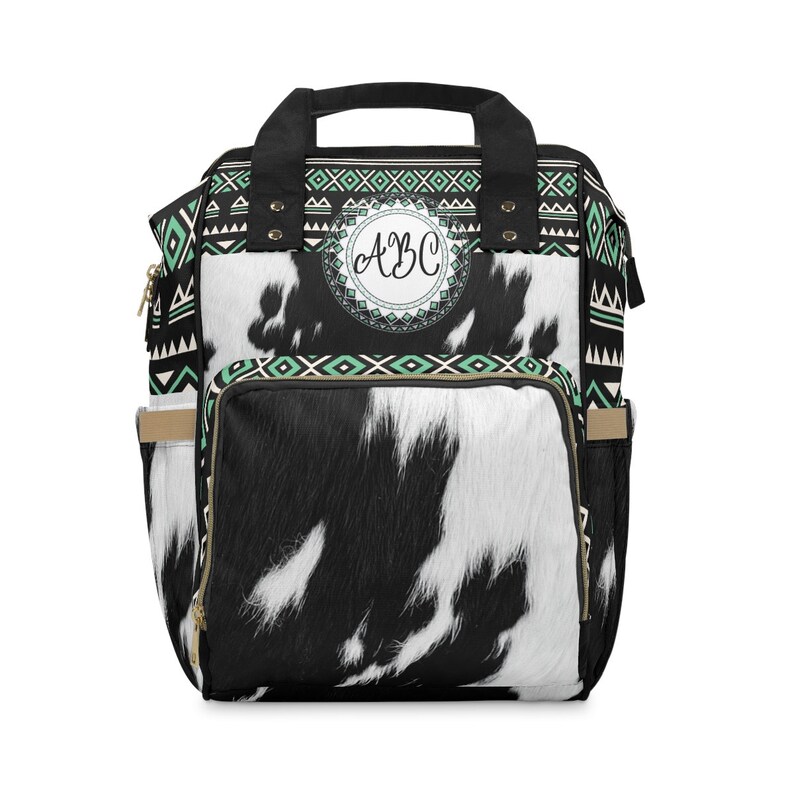Personalized Cowhide Print Backpack, monogrammed boho western backpack, cowgirl diaper bag, southwestern travel bag, customized backpack image 2
