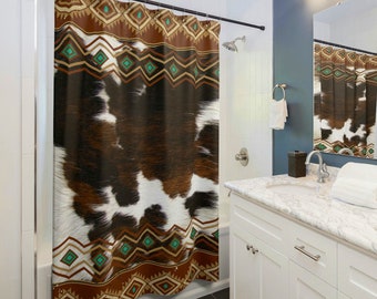 Western Cowhide Print Shower Curtain, boho southwestern bath curtain, western bathroom decor, tribal indian shower curtain, cowgirl bathroom