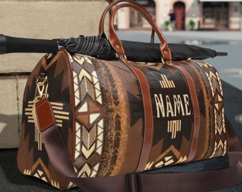 Personalized Southwestern Travel Bag | Aztec tribal Indian luggage | western tote | cowgirl weekender bag | overnight leather duffel bag