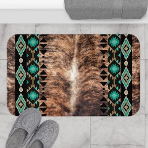 Western cowhide print Bath Mat | cow print bath rug | southwestern bathroom rug | boho tribal bath mat | memory foam bath mat | cowboy style