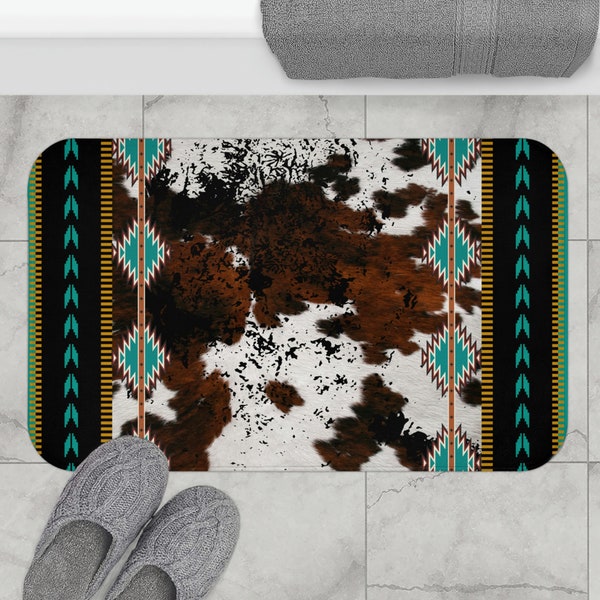 Western Cowhide Print Bath Mat | faux cow hide bathmat | southwestern bath rug | boho tribal cow print bathroom mat | western bath decor