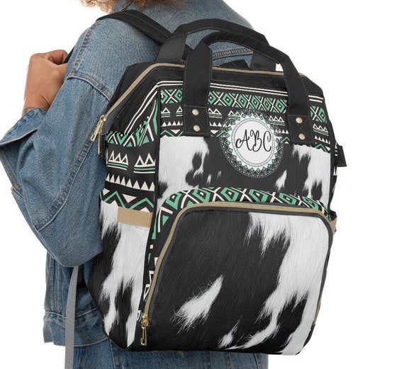 Personalized Cowhide Print Backpack, monogrammed boho western backpack, cowgirl diaper bag, southwestern travel bag, customized backpack