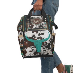 Monogrammed Cowhide Print Diaper Backpack , personalized western baby bag , Texas mom longhorn bag , southwestern cowhide backpack image 2