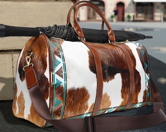 Cowhide Print Waterproof Travel Bag, western cowhide duffel bag, boho southwestern tote, cowgirl weekender bag, overnight luggage bag