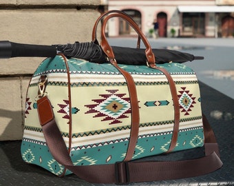 Southwestern Travel duffel Bag , tribal boho Indian bag , waterproof leather luggage bag , cowboy western overnight bag , weekender bag