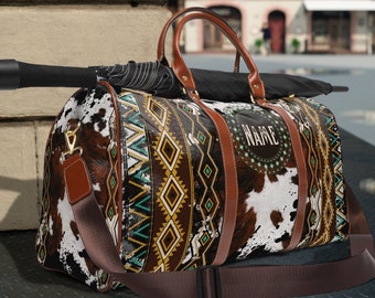Personalized Cowhide Print Duffel Bag | Southwestern Weekender Tote