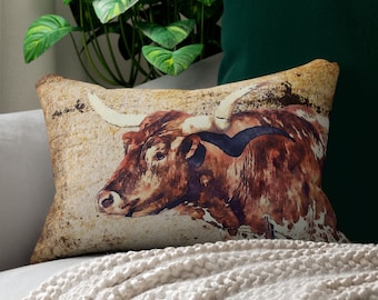 Western Longhorn Bull Lumbar Pillow , cow print throw pillow , southwestern accent pillow , farmhouse home decor , ranch style decor