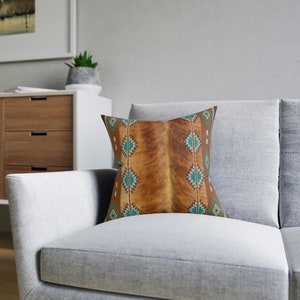 Western faux cowhide Square Pillow, cow hide print throw pillow, southwestern accent pillow, Navajo tribal pillow, western home decor, boho image 3