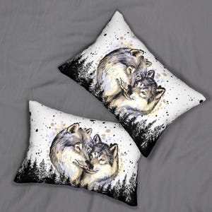 May include: Two white pillowcases with a watercolor-style illustration of two wolves cuddling in a forest setting. The wolves are drawn in shades of gray and brown, with black outlines. The background is a white canvas with black silhouettes of trees and a light brown splatter pattern.